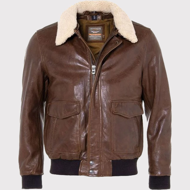 Veste aviateur en cuir de mouton marron pour homme