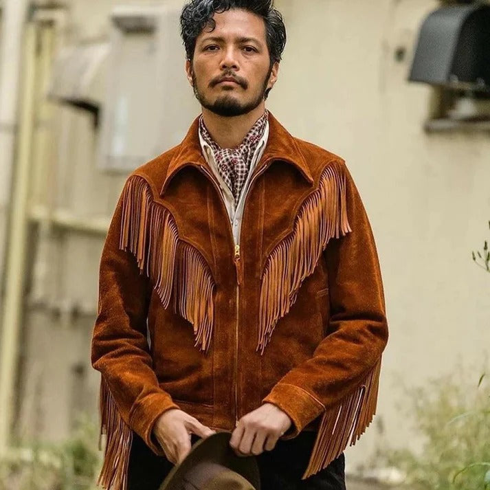 Veste de cowboy western en cuir suédé marron à franges pour homme