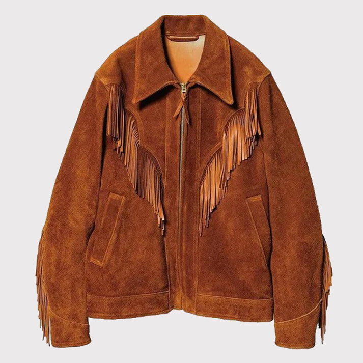 Veste de cowboy western en cuir suédé marron à franges pour homme