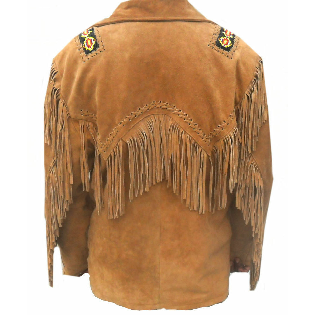 Veste en cuir suédé marron pour homme - Manteau à franges et perles de style cow-boy amérindien