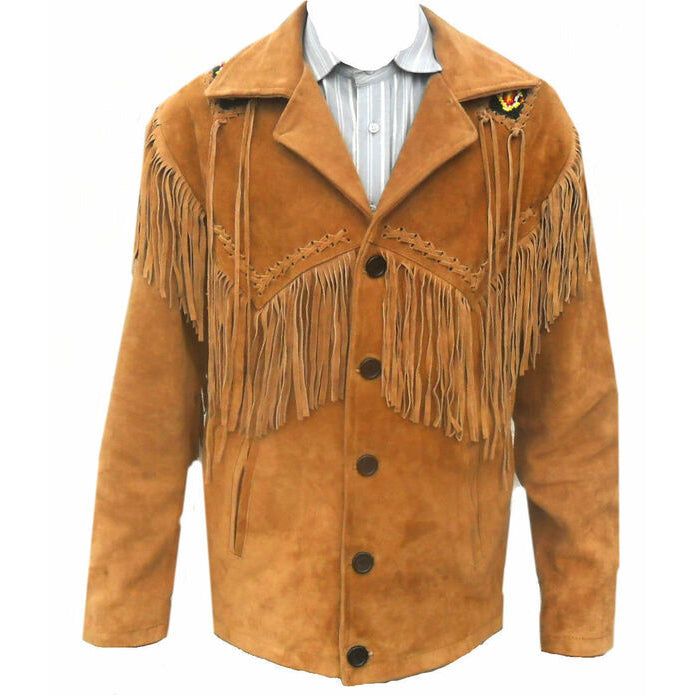 Veste en cuir suédé marron pour homme - Manteau à franges et perles de style cow-boy amérindien