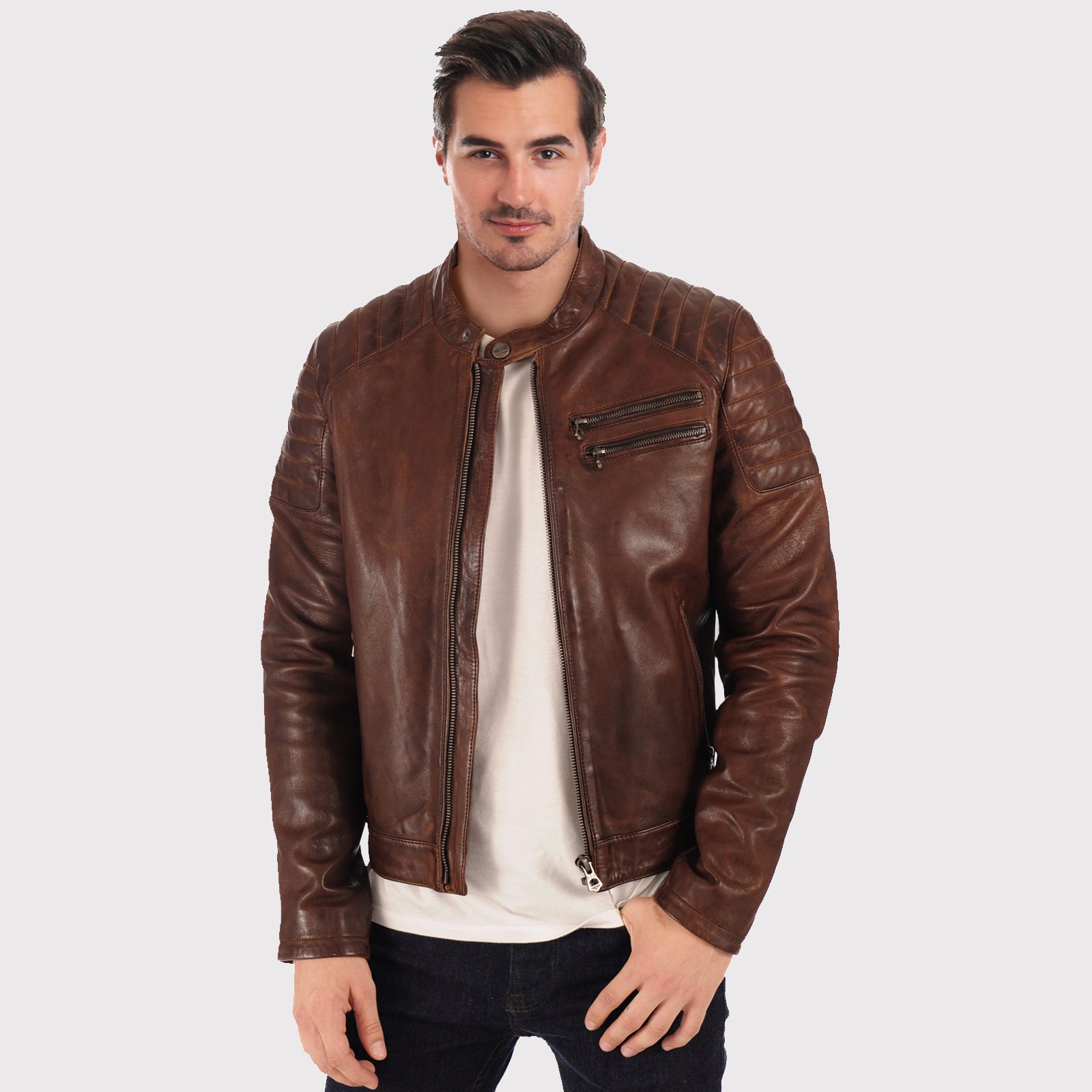 Veste motard en cuir ciré marron pour homme