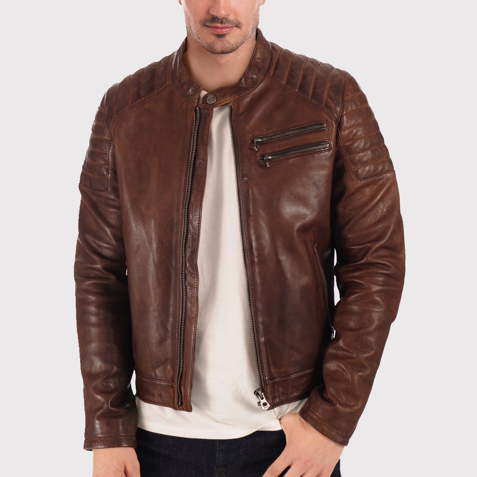 Veste motard en cuir ciré marron pour homme