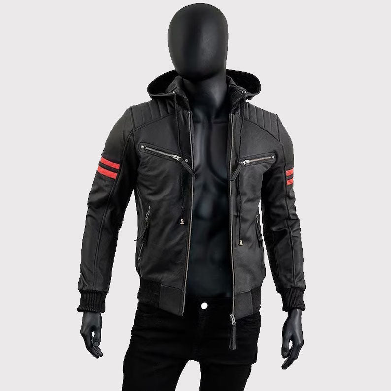 Veste de moto en cuir noir pour homme avec capuche amovible Café Racer