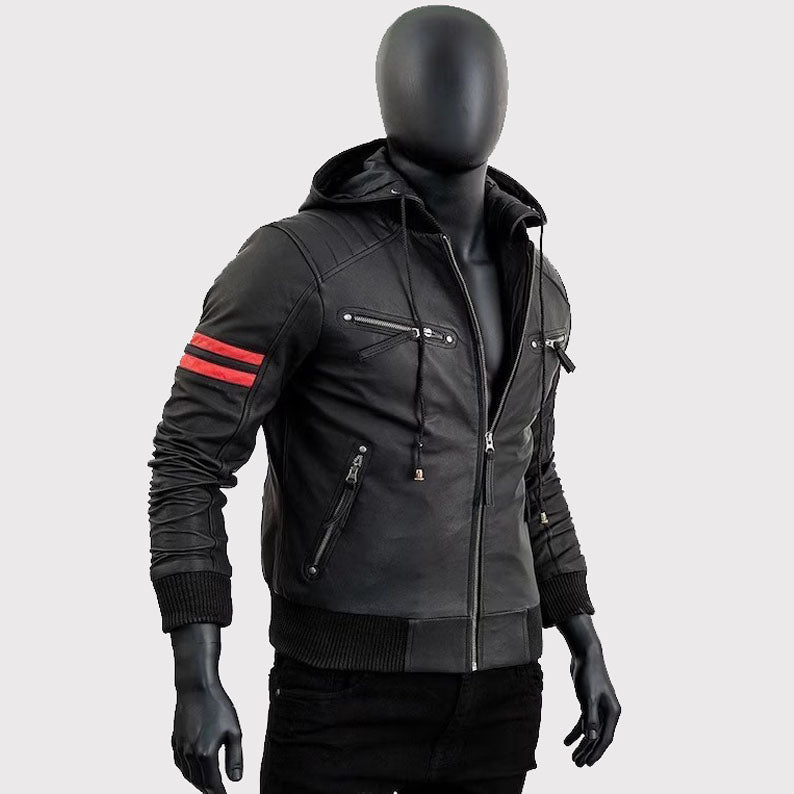 Veste de moto en cuir noir pour homme avec capuche amovible Café Racer