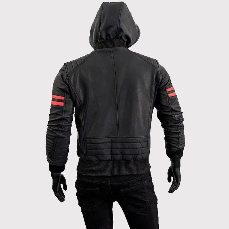 Veste de moto en cuir noir pour homme avec capuche amovible Café Racer