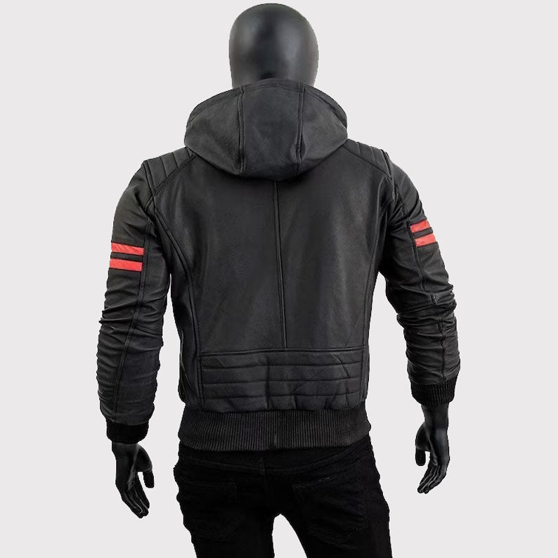 Veste de moto en cuir noir pour homme avec capuche amovible Café Racer