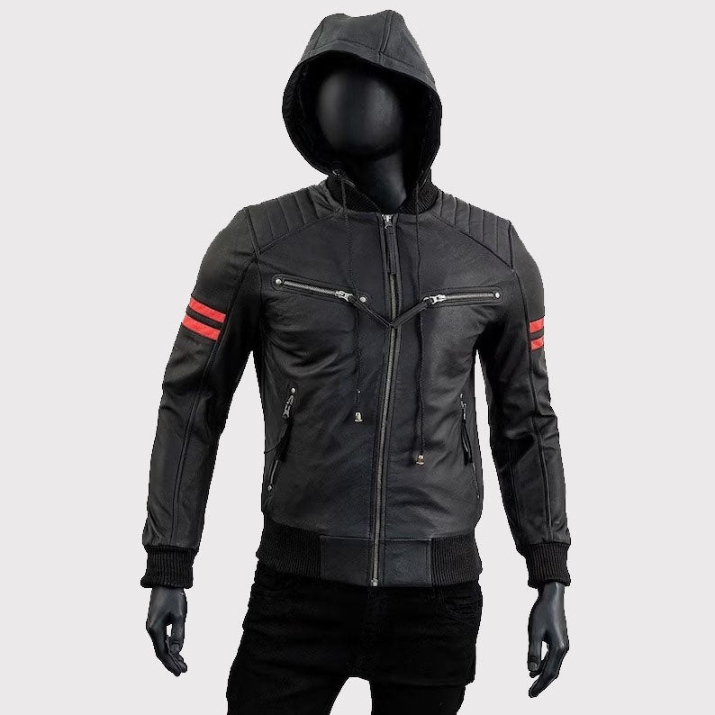 Veste de moto en cuir noir pour homme avec capuche amovible Café Racer