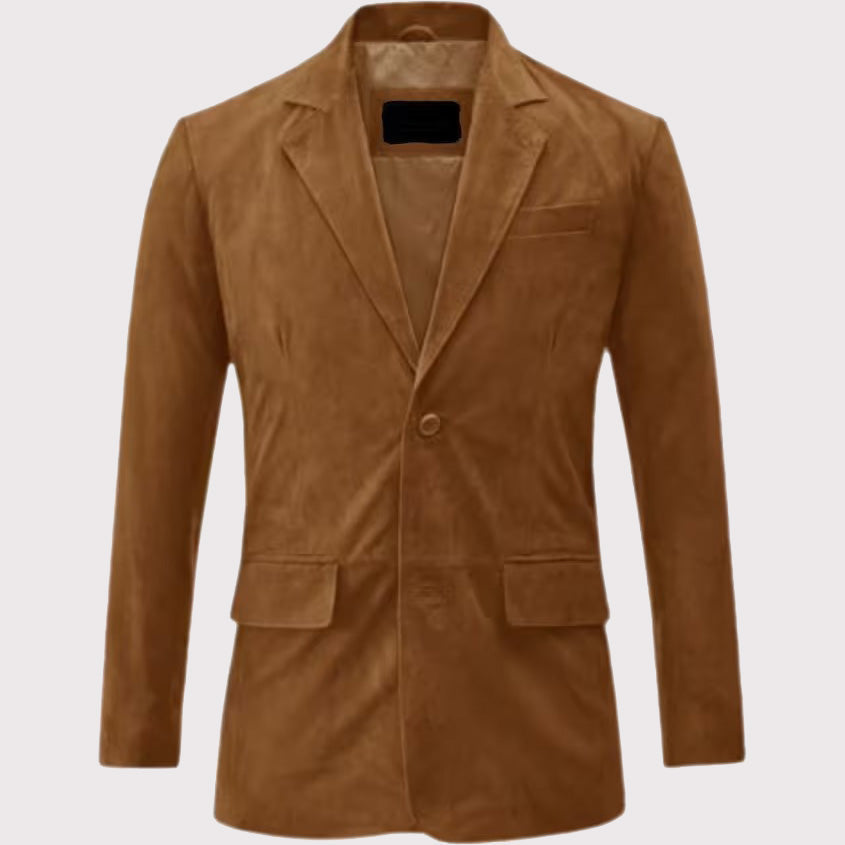 Manteau blazer en cuir suédé marron camel pour homme