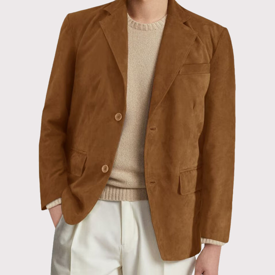 Manteau blazer en cuir suédé marron camel pour homme