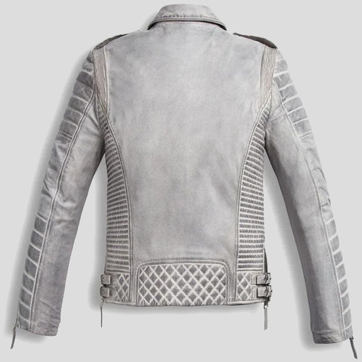 Men's Chrome White Waxed Biker Leather Motorcycle Jacket