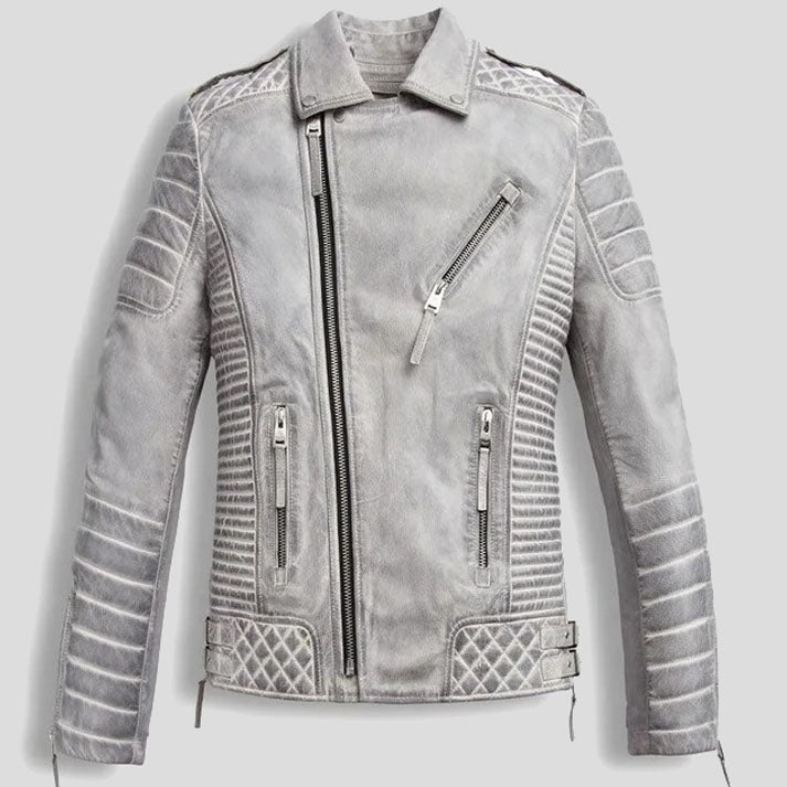 Men's Chrome White Waxed Biker Leather Motorcycle Jacket