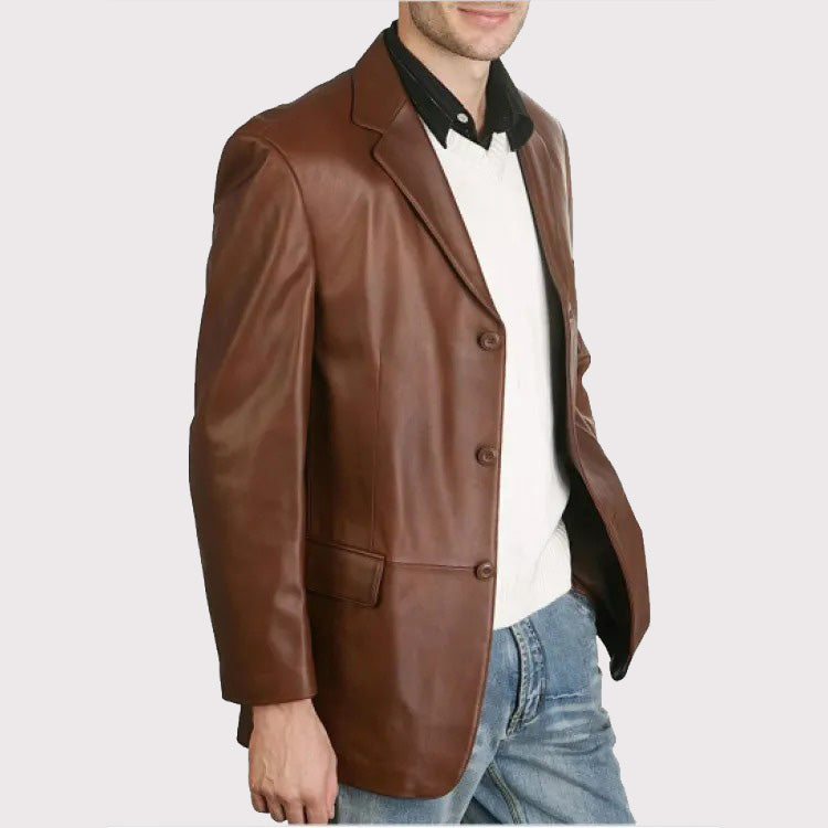 Blazer classique en cuir marron à trois boutons pour homme