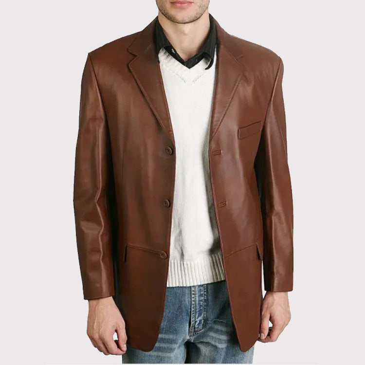 Blazer classique en cuir marron à trois boutons pour homme