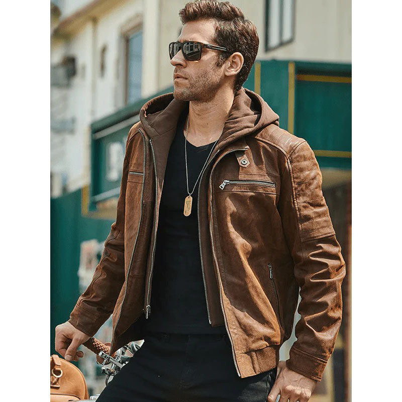 Men's Classy Suede Leather Jacket with Detachable Hood