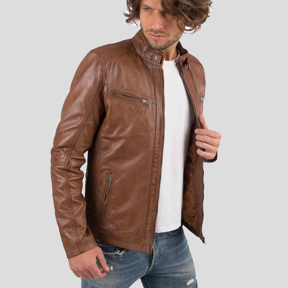 Veste motard en cuir de mouton véritable cognac pour homme