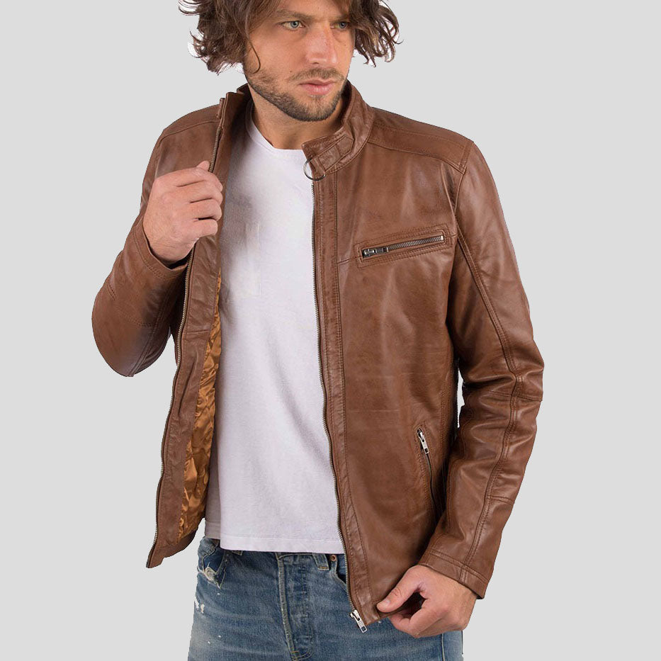 Veste motard en cuir de mouton véritable cognac pour homme