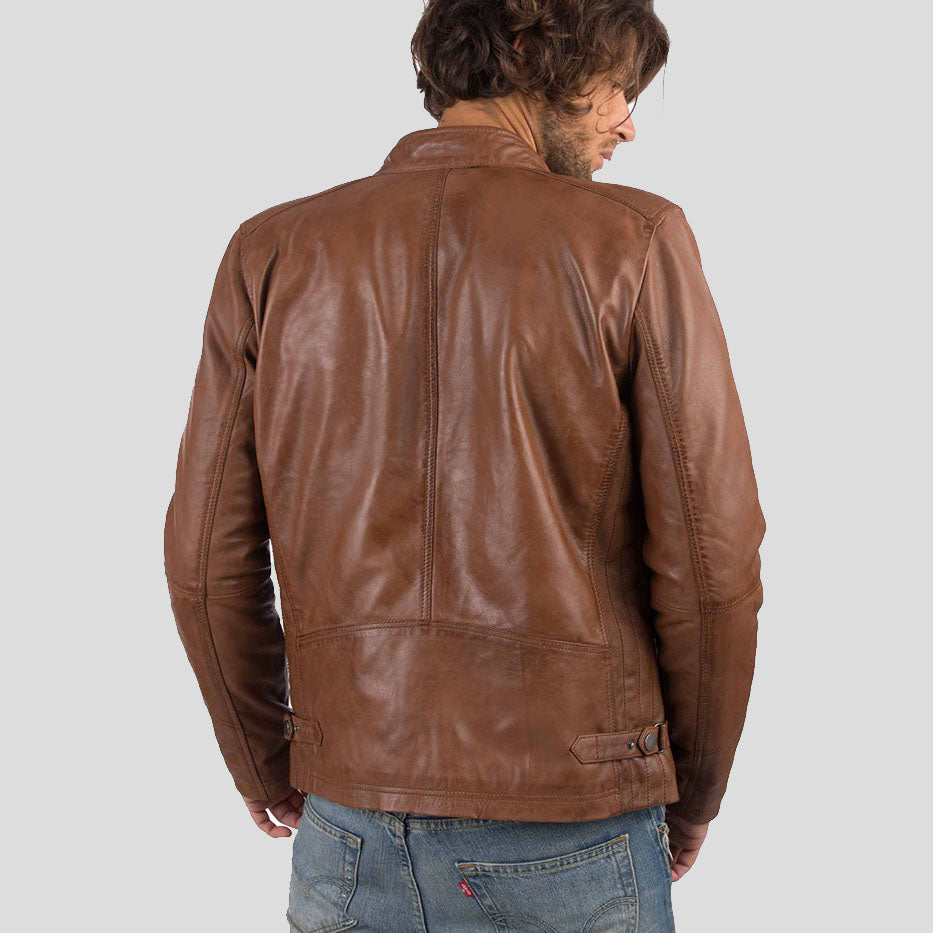 Veste motard en cuir de mouton véritable cognac pour homme