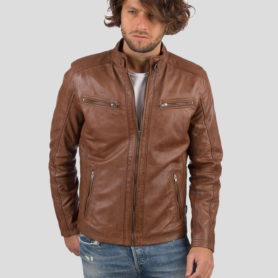 Veste motard en cuir de mouton véritable cognac pour homme