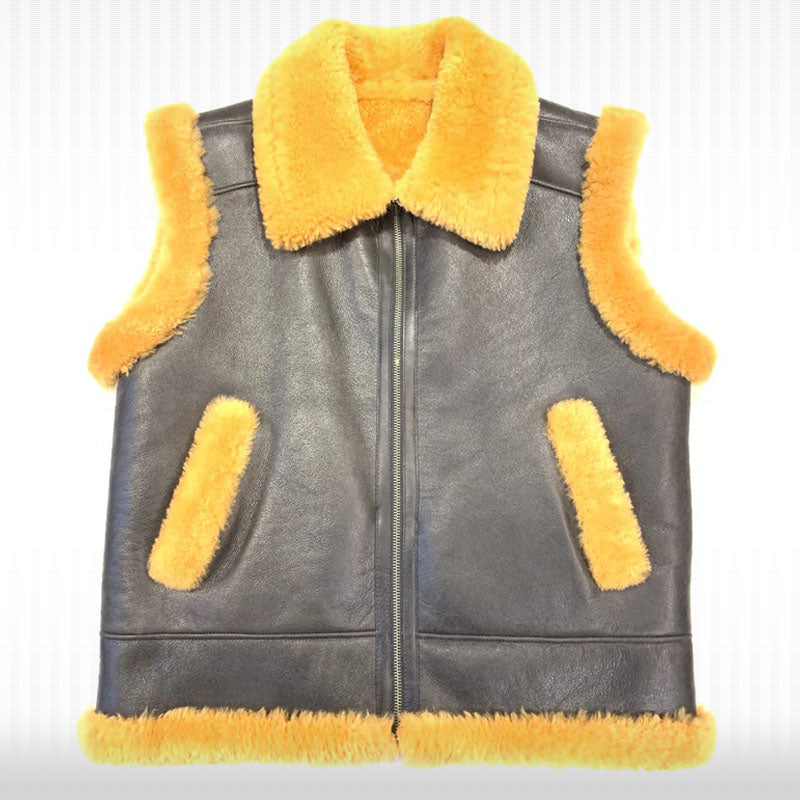 Gilet en peau de mouton marron foncé pour homme avec fourrure de whisky