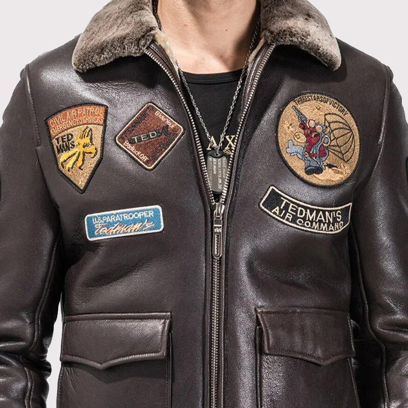 Veste militaire en peau de mouton marron foncé pour homme