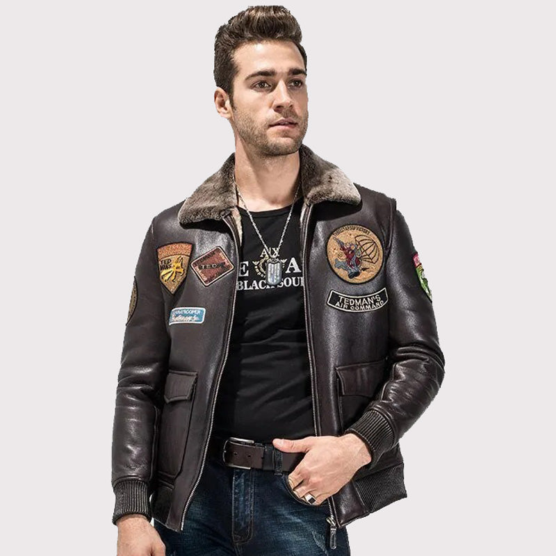 Veste militaire en peau de mouton marron foncé pour homme