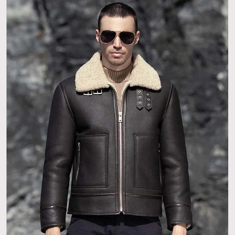 Veste de moto en peau de mouton marron foncé pour homme