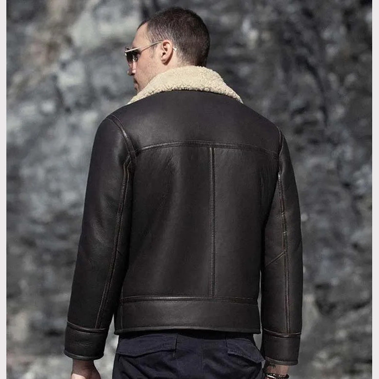 Veste de moto en peau de mouton marron foncé pour homme