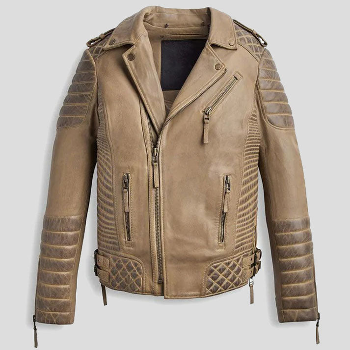 Veste de motard en cuir ciré marron désert pour homme