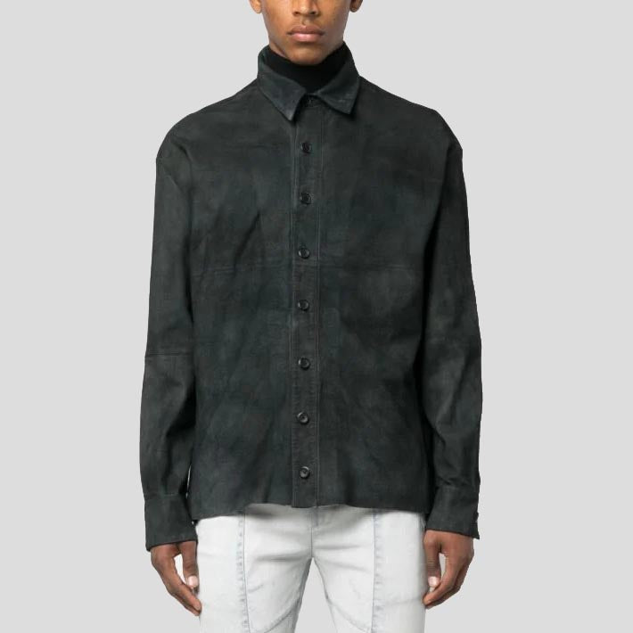 Chemise en cuir suédé noir vieilli pour homme