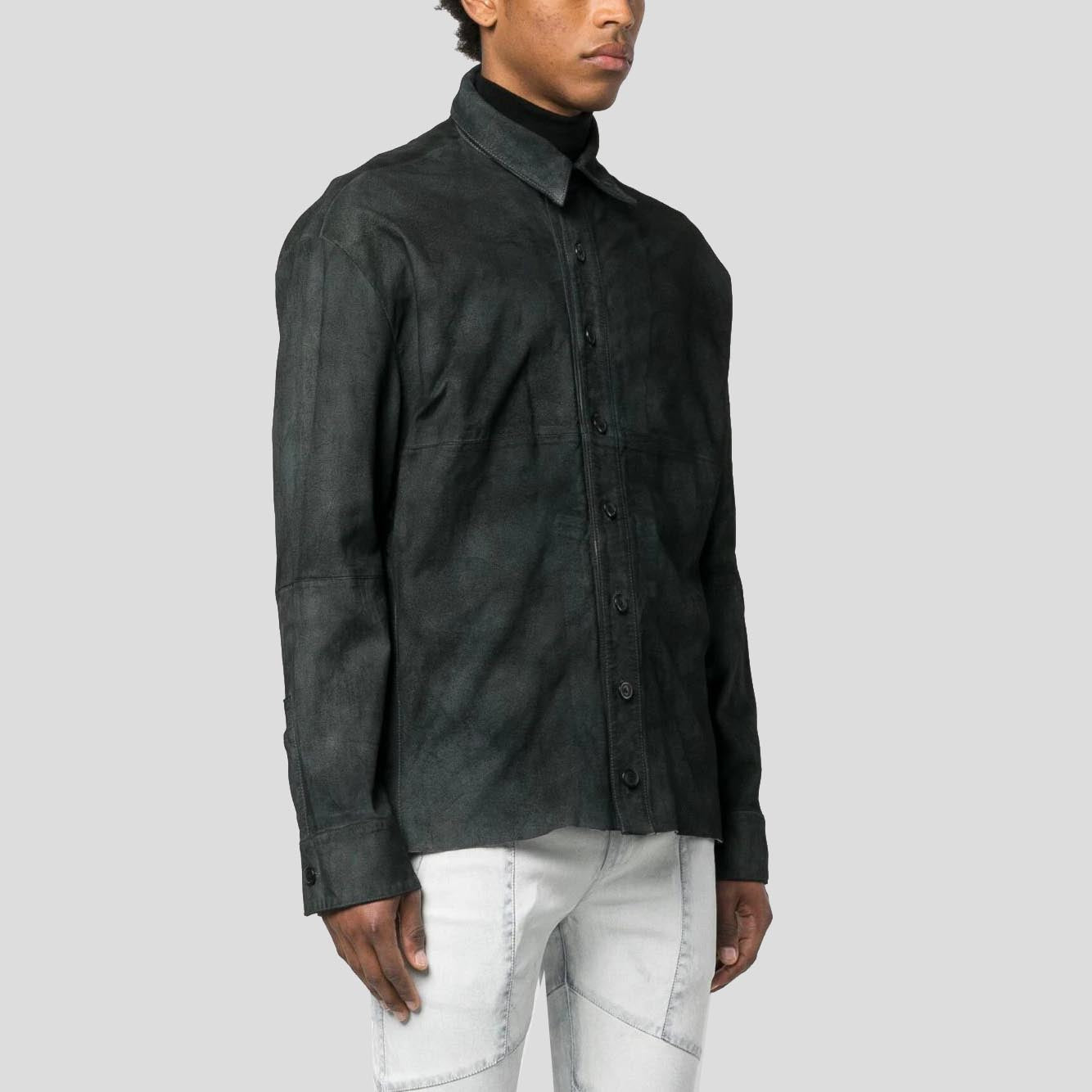 Chemise en cuir suédé noir vieilli pour homme