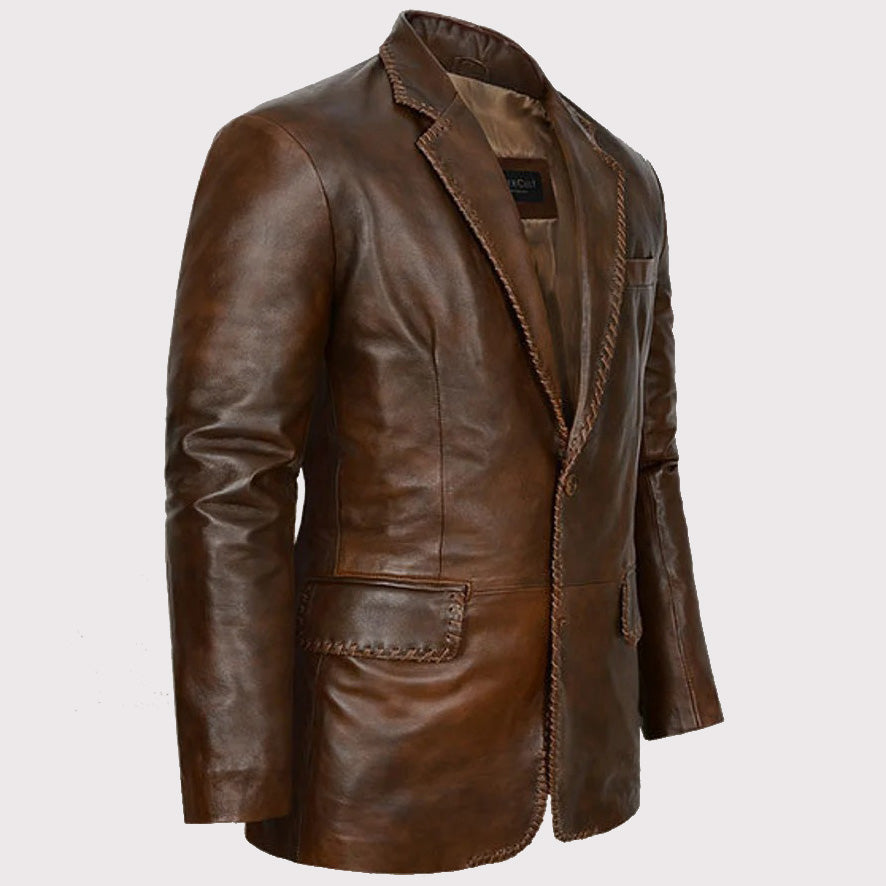 Blazer en cuir marron vieilli pour homme