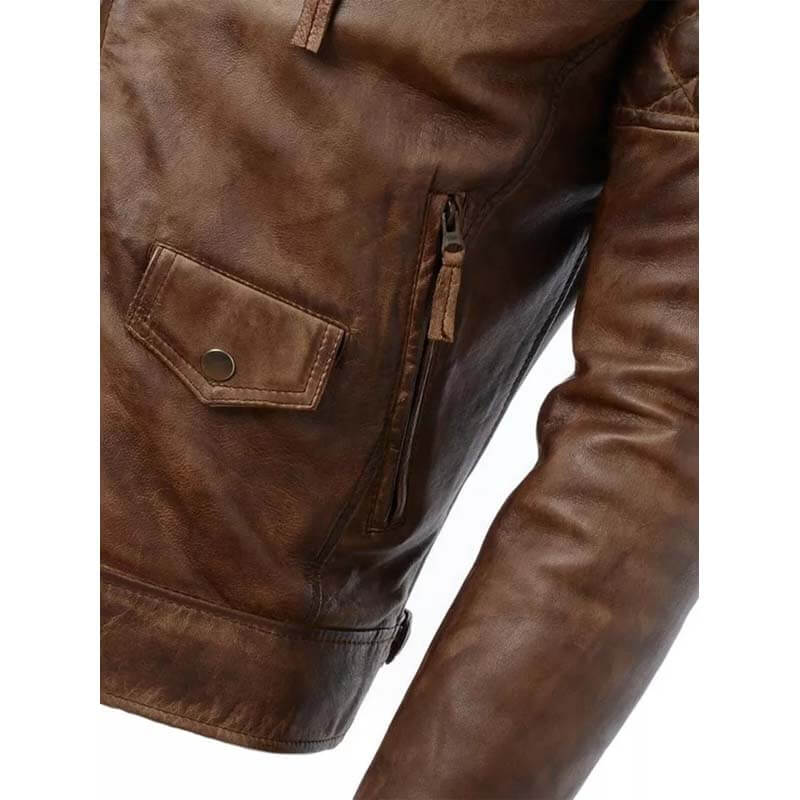 Veste de motard en cuir véritable marron vieilli pour homme