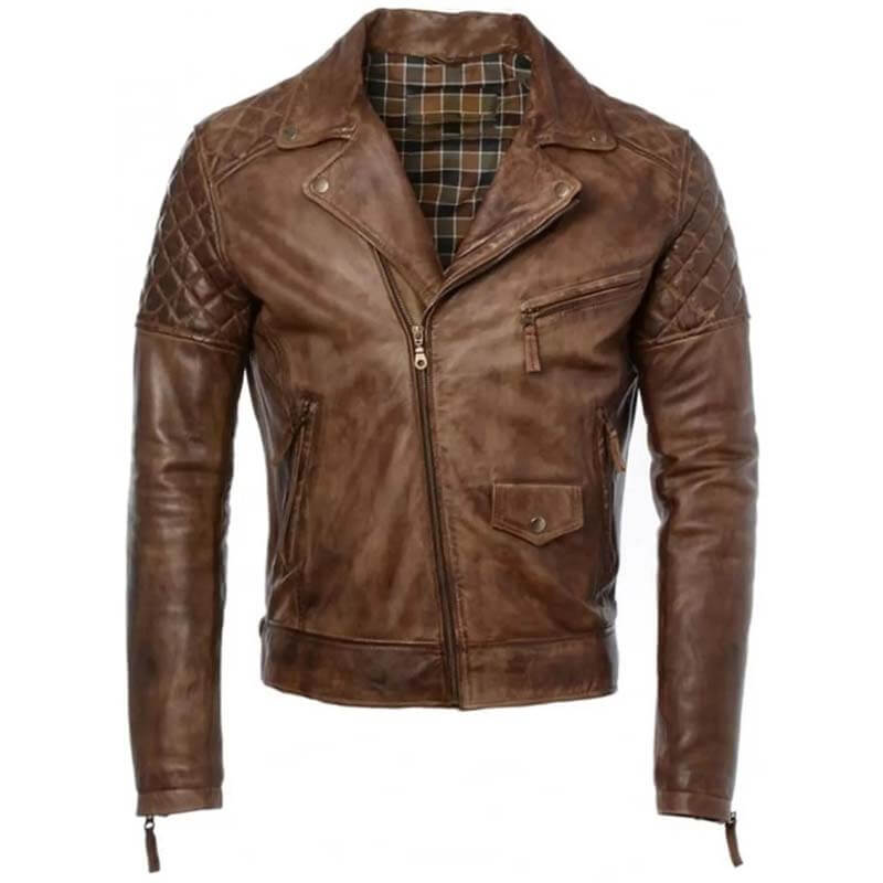 Veste de motard en cuir véritable marron vieilli pour homme