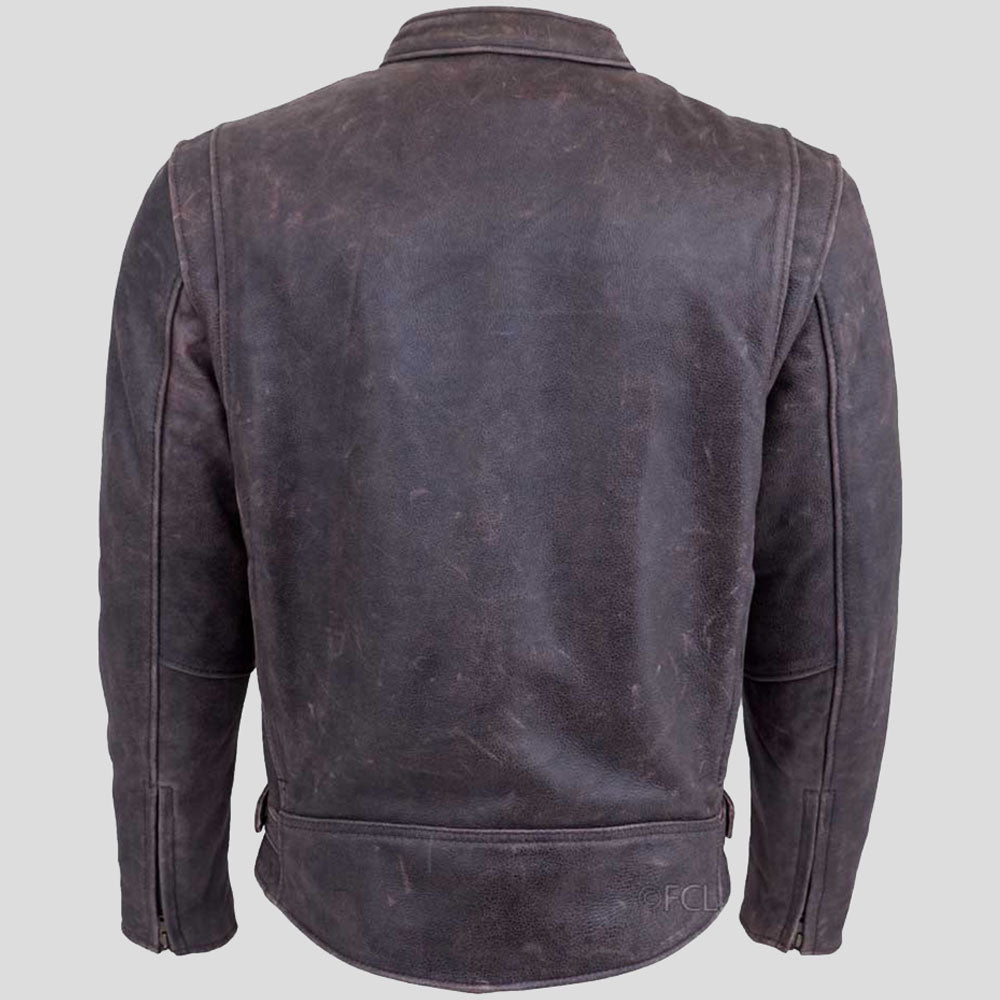 Veste de moto en cuir marron vieilli pour homme