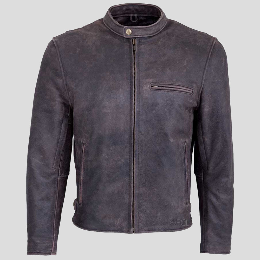 Veste de moto en cuir marron vieilli pour homme