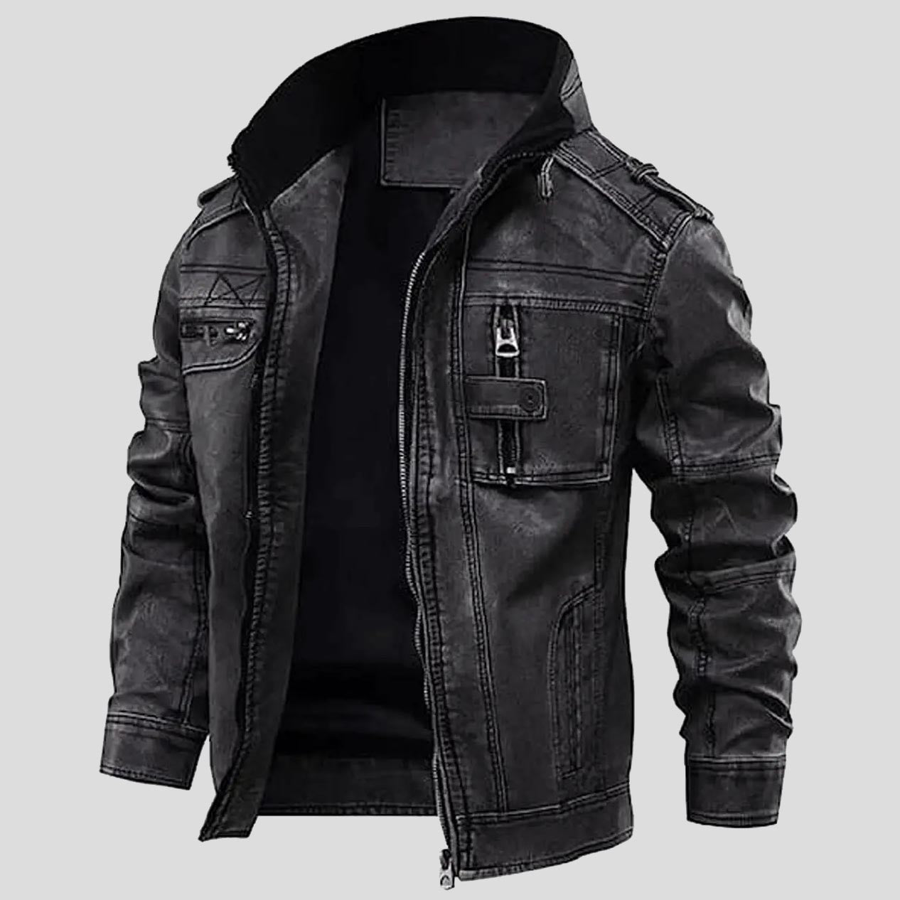 Veste en cuir gris vieilli pour homme style Cafe Racer