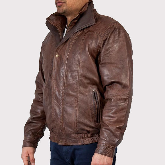 Men's Double Collar Leather Bomber Jacket