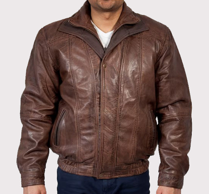 Men's Double Collar Leather Bomber Jacket