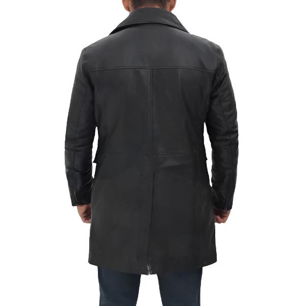 Schwarzer Leder-Trenchcoat für Herren mit vier Taschen