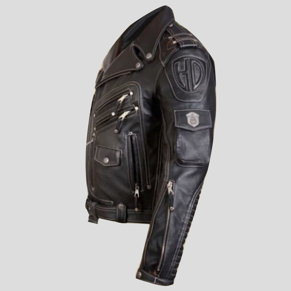 Veste de motard en cuir de vachette véritable de qualité supérieure pour homme, noir