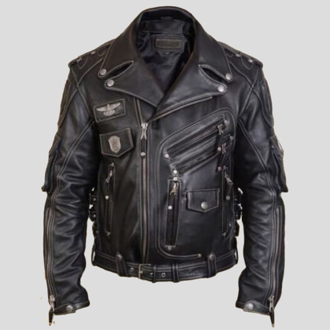 Veste de motard en cuir de vachette véritable de qualité supérieure pour homme, noir