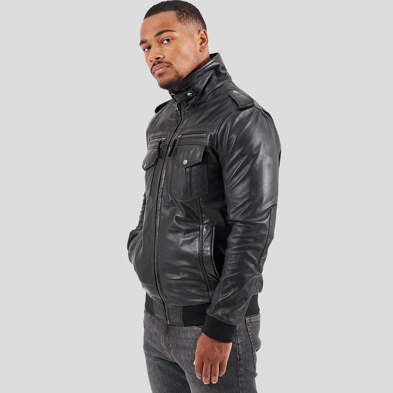 Veste de motard en cuir de mouton véritable pour homme - Noir classique