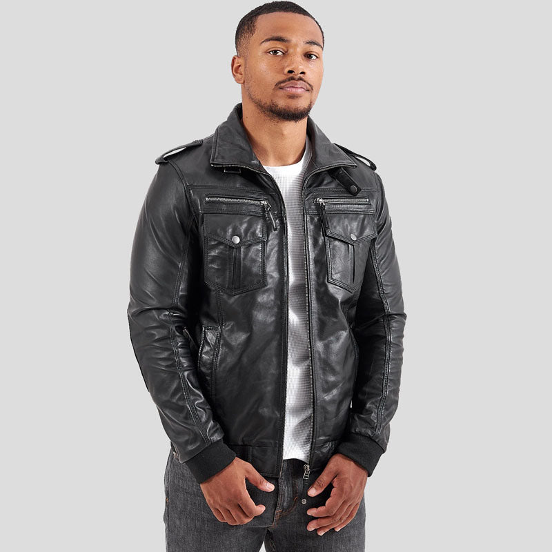 Veste de motard en cuir de mouton véritable pour homme - Noir classique