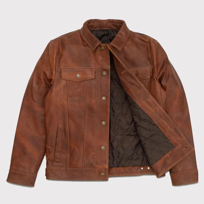 Veste de camionneur classique en cuir de chèvre pour homme en marron uni