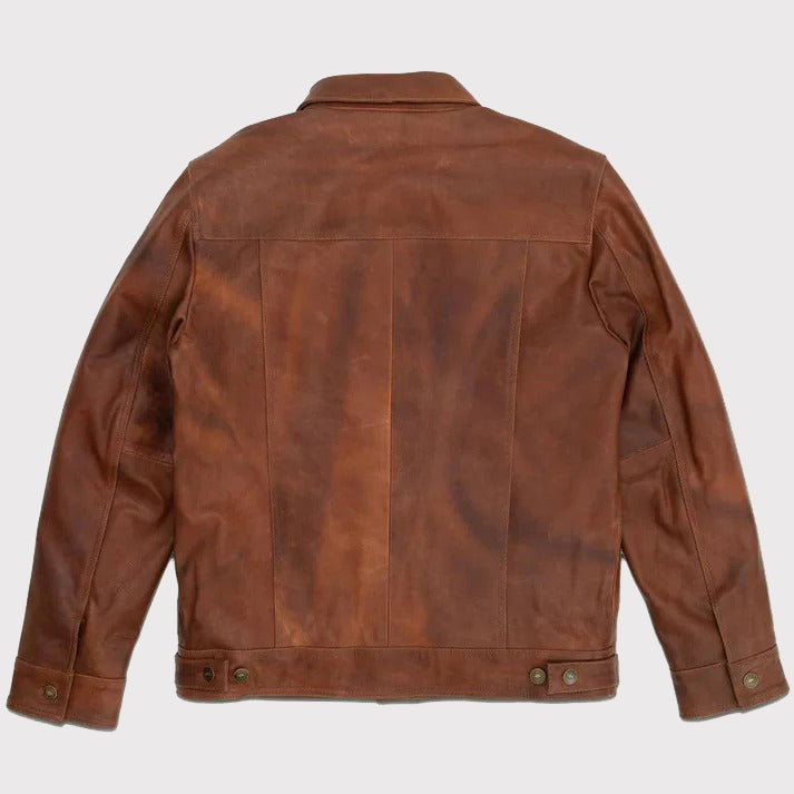 Veste de camionneur classique en cuir de chèvre pour homme en marron uni