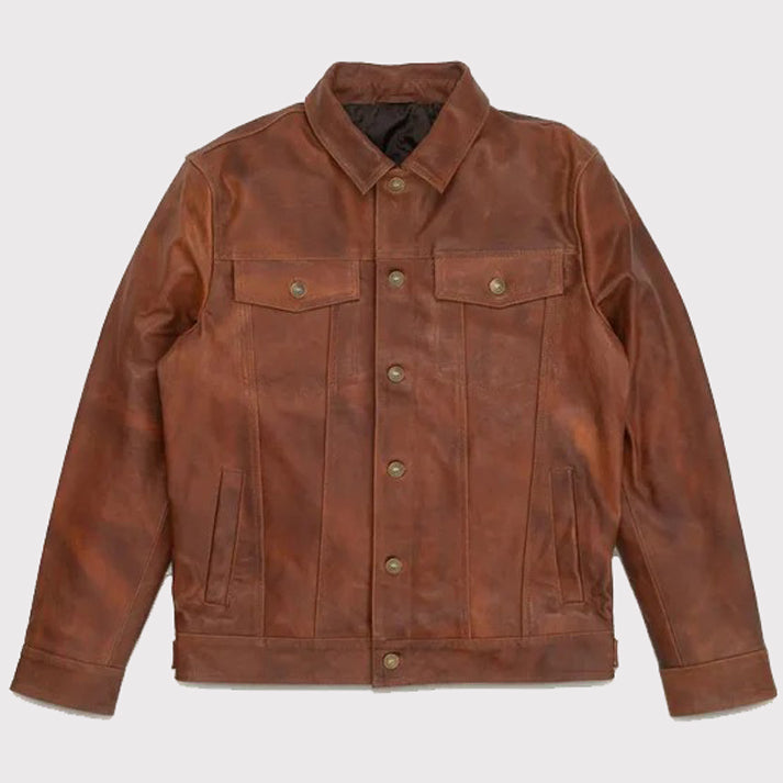 Veste de camionneur classique en cuir de chèvre pour homme en marron uni