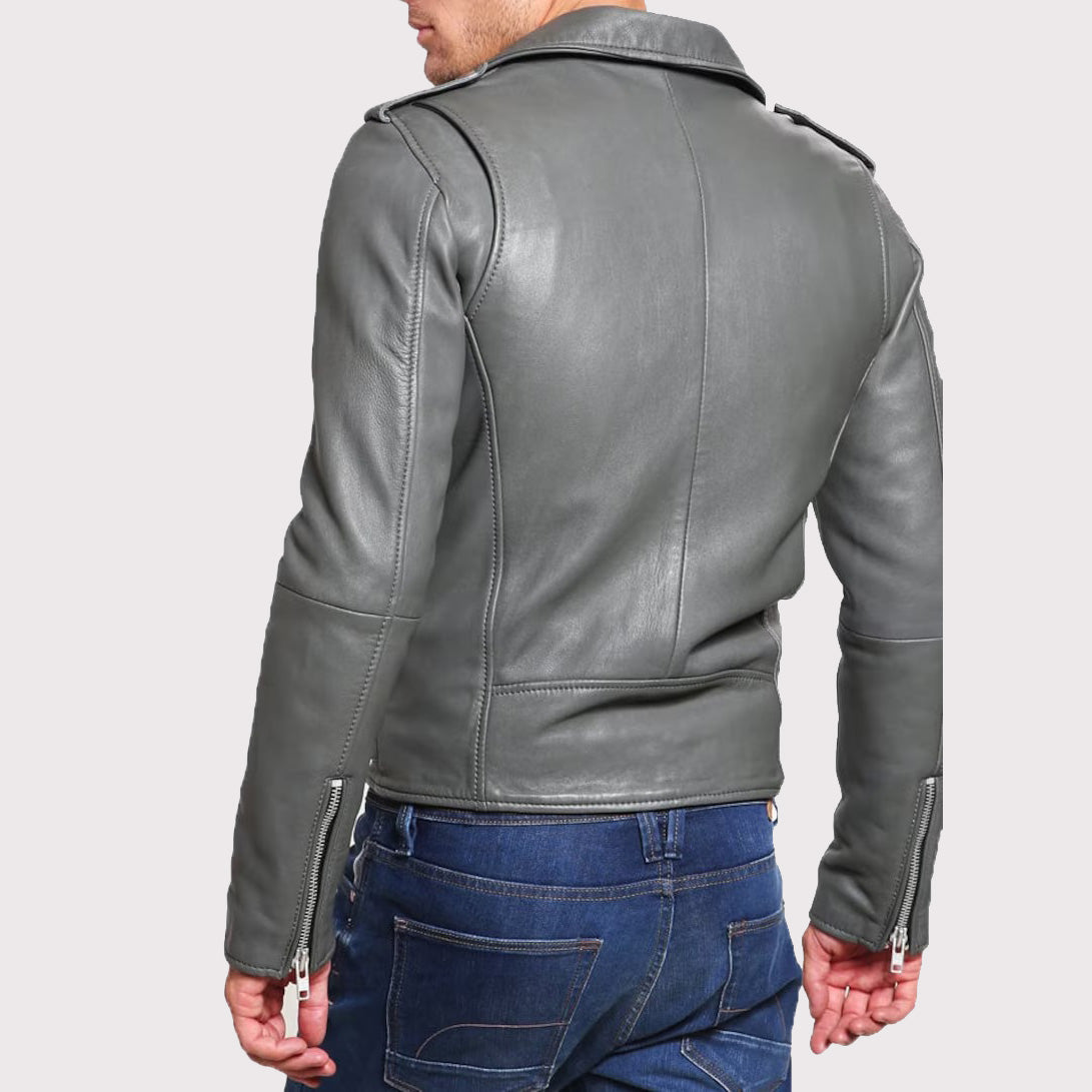 Veste de motard en cuir gris sur mesure pour homme