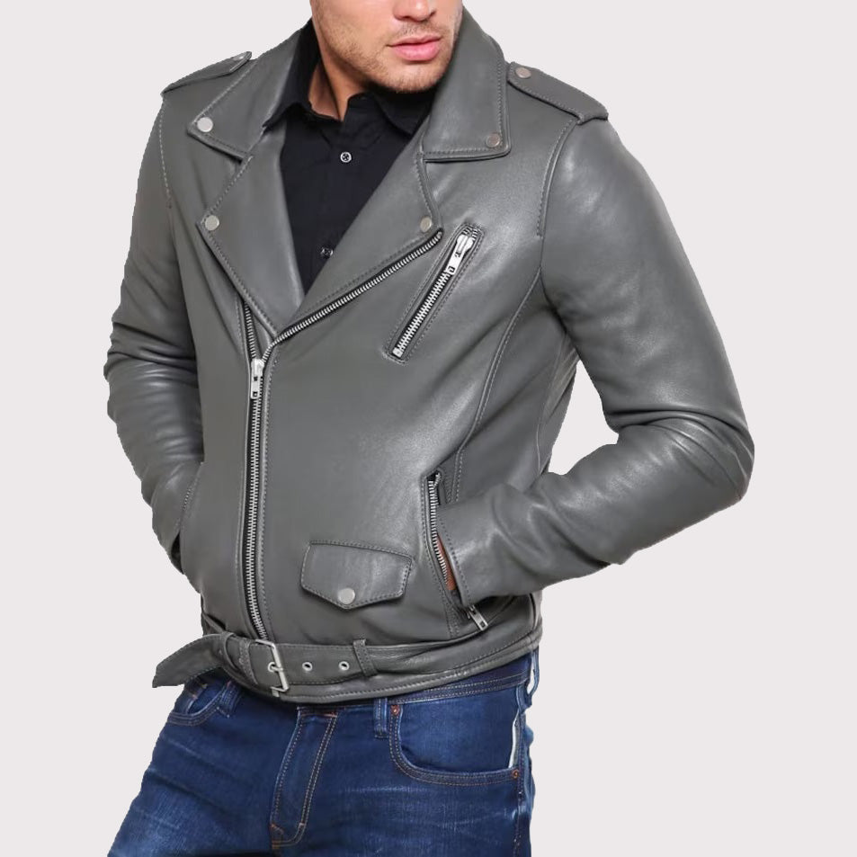 Veste de motard en cuir gris sur mesure pour homme