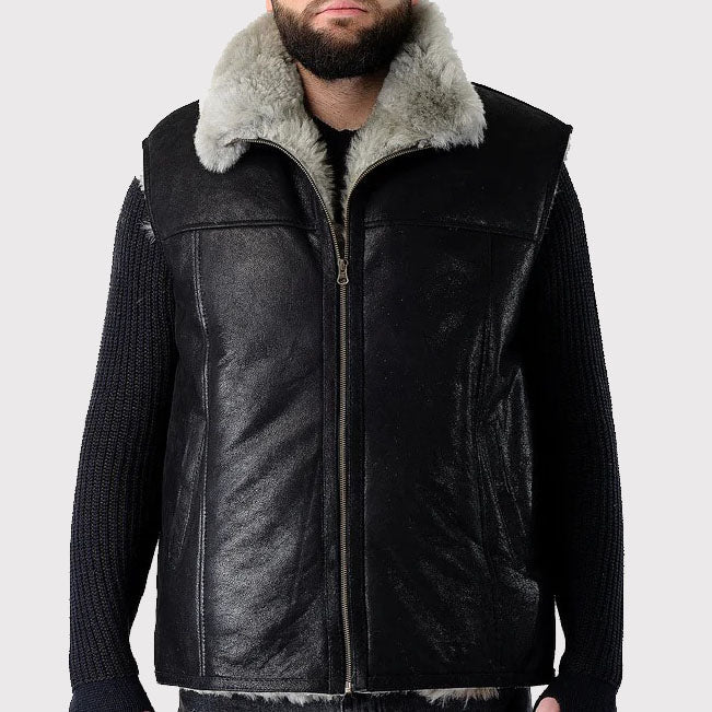 Gilet sans manches en peau de mouton fait main pour homme en noir